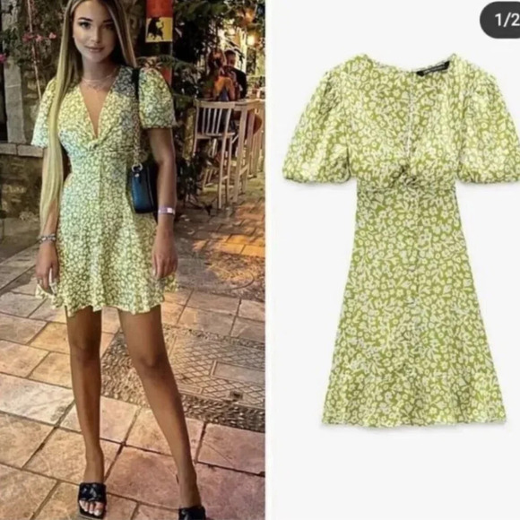Zara  Satin Effect Ruffle V Neck Mini Dress Green White Floral Size XS - Picture 2 of 11